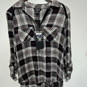 Rock & Republic Women's Multicolor Plaid Roll Up Sleeves Button Up Shirt XS NWT